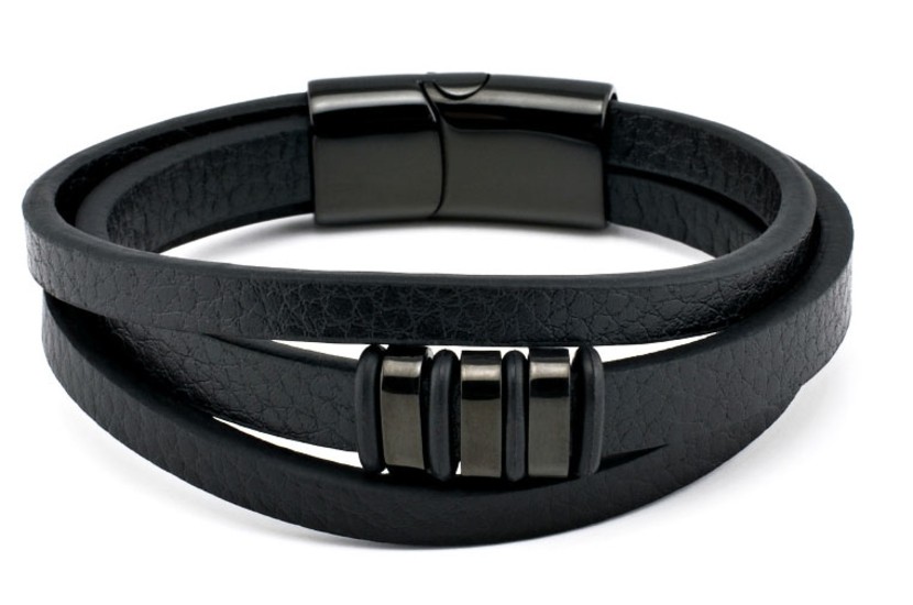 TRIPLED BLACK LEATHER BRACELET WITH BLACK STAINLESS STEEL PARTS BY MENVARD MV1010